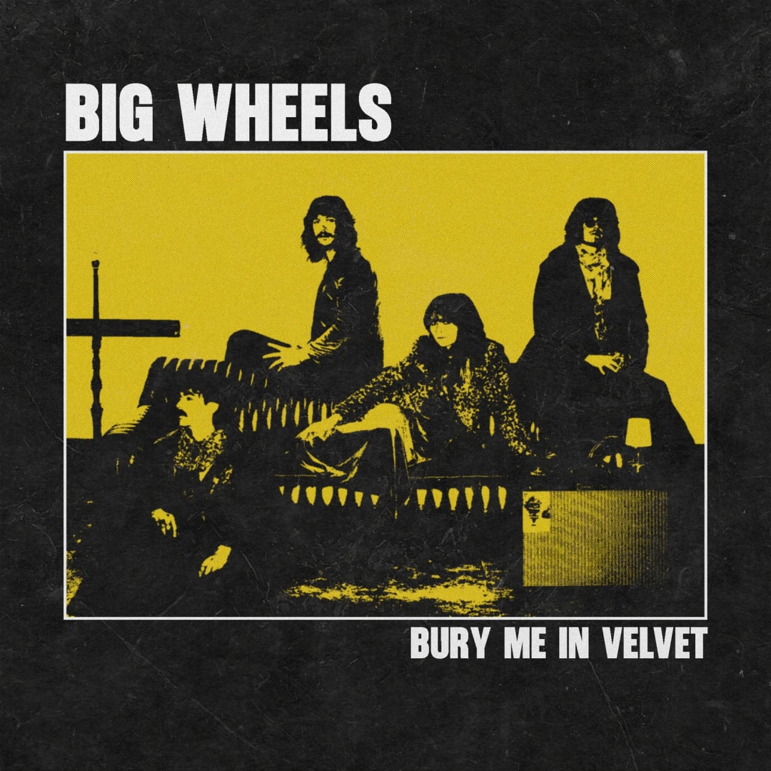 Bury Me In Velvet cover art: the band on a couch, printed in black and yellow